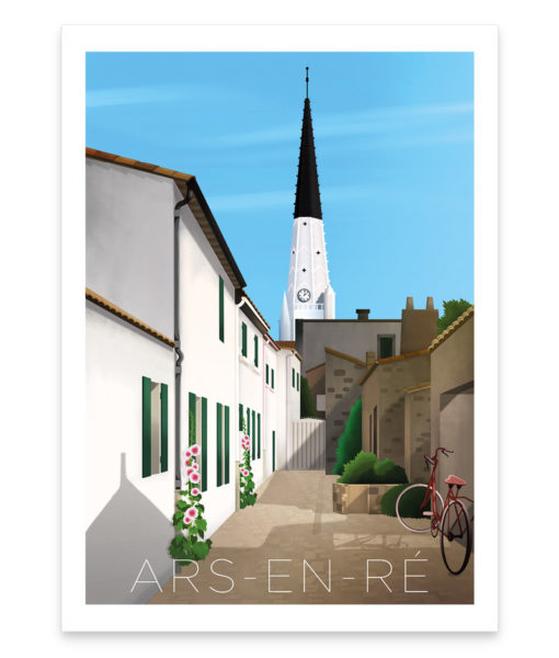 Ars-en-ré, une affiche vintage du magnifique clocher blanc à la flèche noire