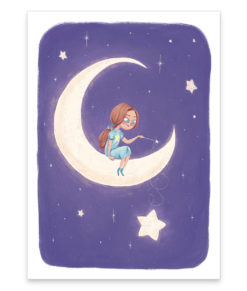 Une affiche d'un petite princesse dans la lune illuminant les étoiles